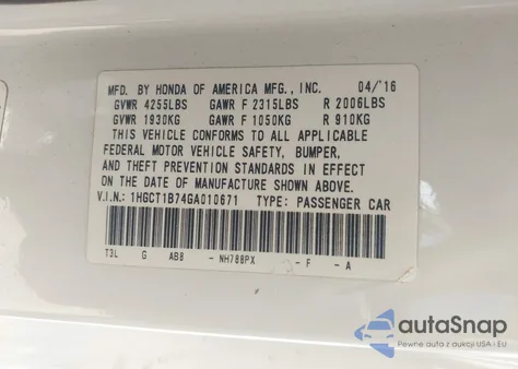 2016 Honda Accord Ex from USA, damaged, VIN 1HGCT1B74GA010671